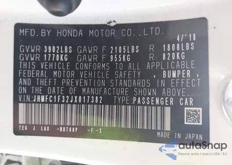2018 Honda Civic Ex-T z USA, uszkodzony, nr VIN JHMFC1F32JX017382